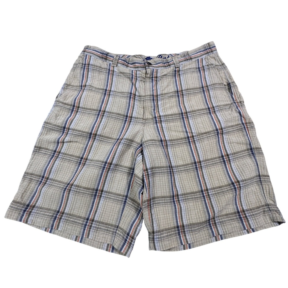 Tommy Bahama Plaid Shorts Tan Blue Linen Silk Blend‎ Flat Front Mens 36